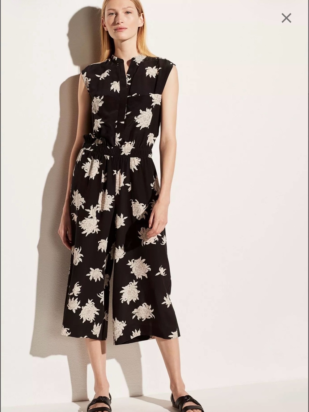 Vince Chrysanthemum 100% Silk Floral Jumpsuit Black Ivory Size S